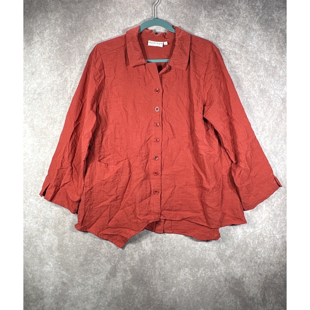 Habitat Button Down Shirt Women M Orange Blouse Textured Asymmetrical Hem Casual